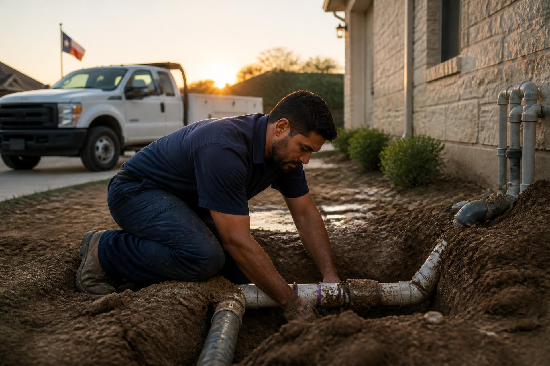 Power Rooter Plumbing crew operating excavation equipment outside a Texas home